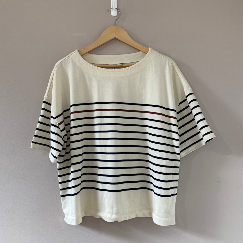 LL Bean Signature Women XL Striped Cotton Boatneck Top Cream Navy Nautical Shirt